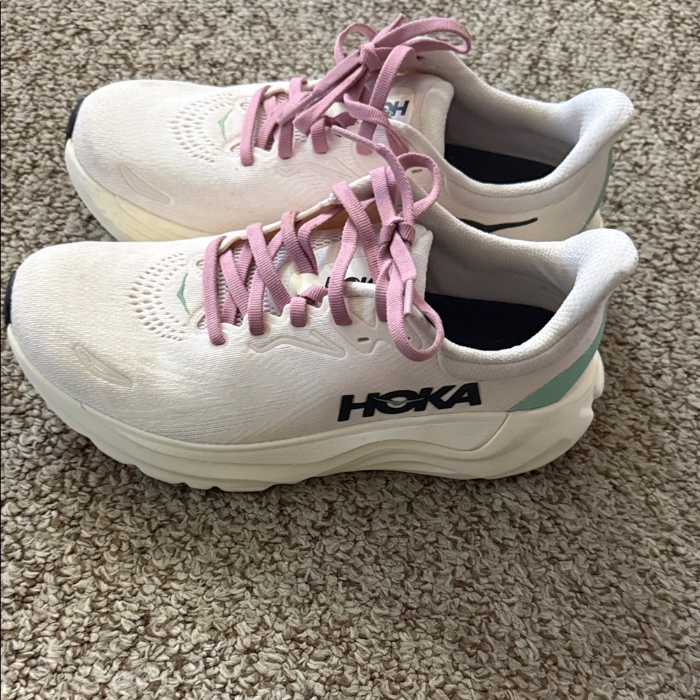 Hoka White Running Shoes with Pink Laces and Mint Heel Accent